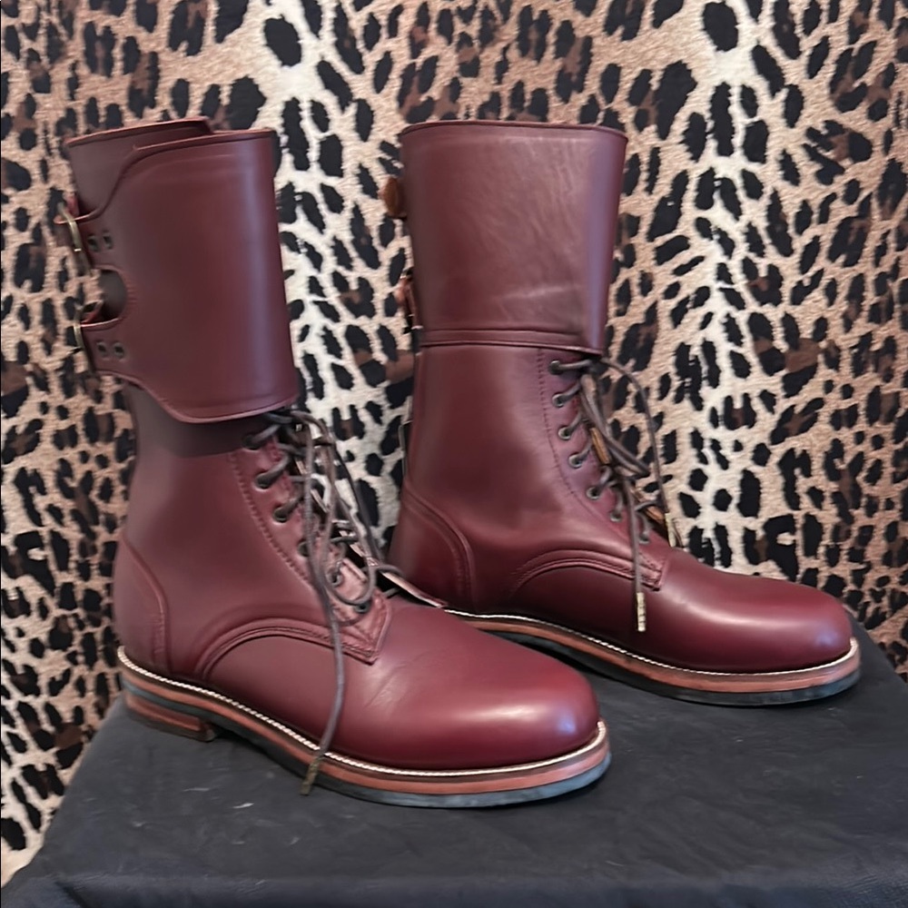 Men's Burgundy Leather military double buckle combat boots